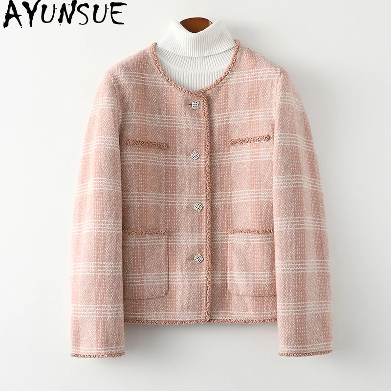 

AYUNSUE Elegant Short Wool Coats for Women 2023 Fall Winter 52% Wool Jacket Casual Pink Plaid Woolen Coat Chaquetas Para Mujeres