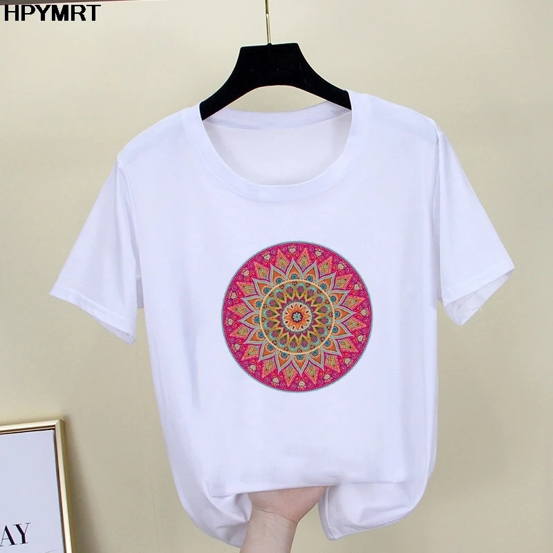 Summer Graphic tees tops aesthetics Mandala Print tshirts women funny t shirt white Tops casual short T-Shirt Female Streetwear