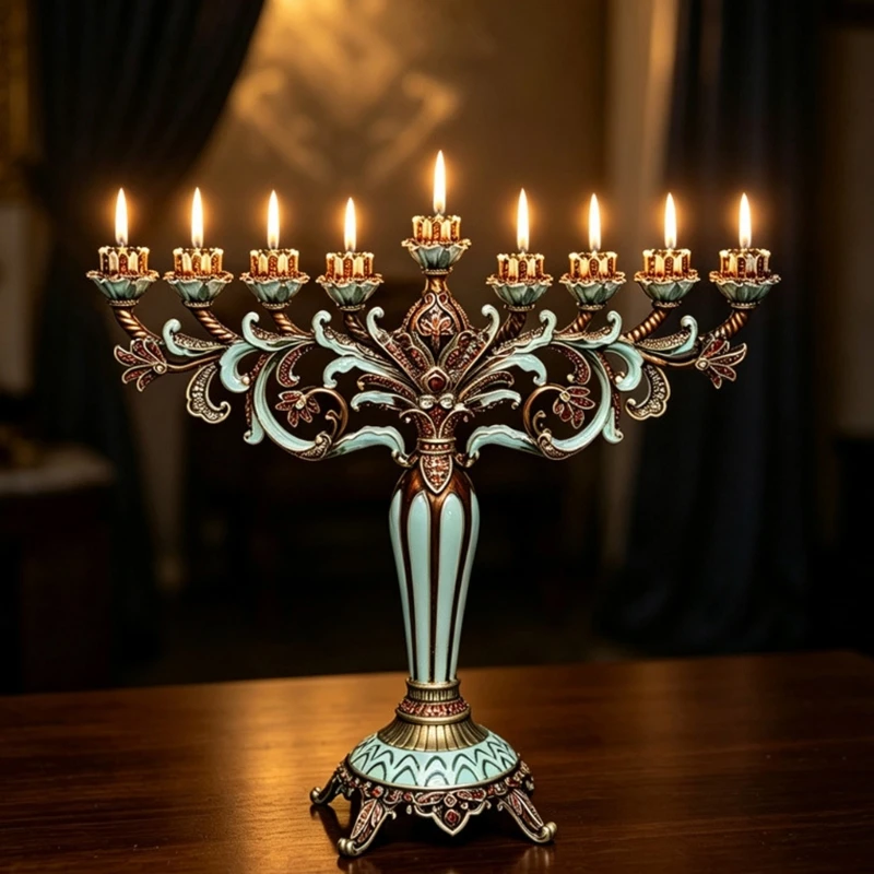 Jewish Hanukkah Menorah, 9 Branch Metal Stand Candelabra with Ornate Floral and Scrollwork Detail for Table 37JD