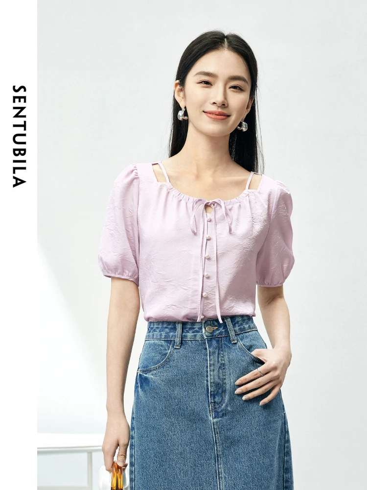 SENTUBILA Light Purple Round Neck Hollow Out Woman Shirt 2024 Summer Lace-up Loose Button Up Solid Shirts & Blouses 142C53917