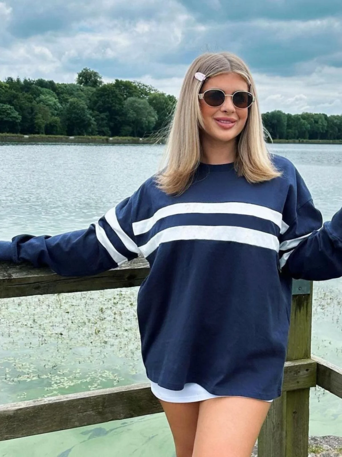 Sweat-shirt décontracté à rayures longues Sve coupe ample Street Sle femme Faion fibre de polyester rond Ne pull Thiened Ja...