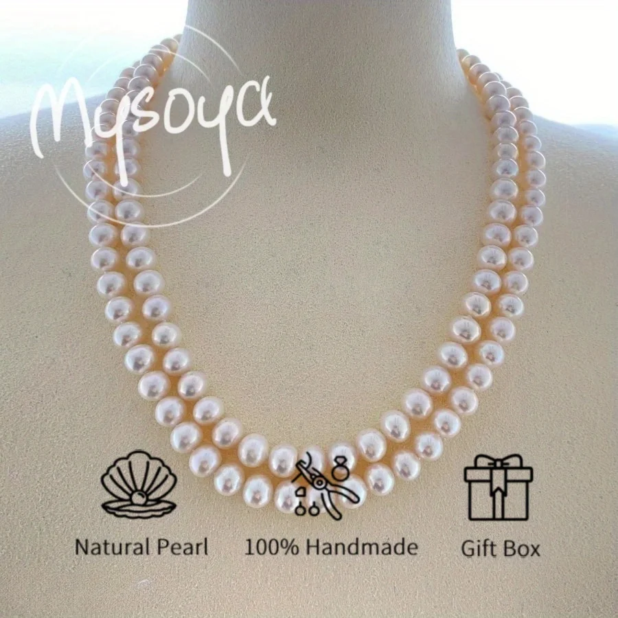 

MYSOYA 7-8mm Natural White Freshwater Pearl Double Layer Necklace For Women And Men Gift Box Birthday Wedding Anniversary Gift