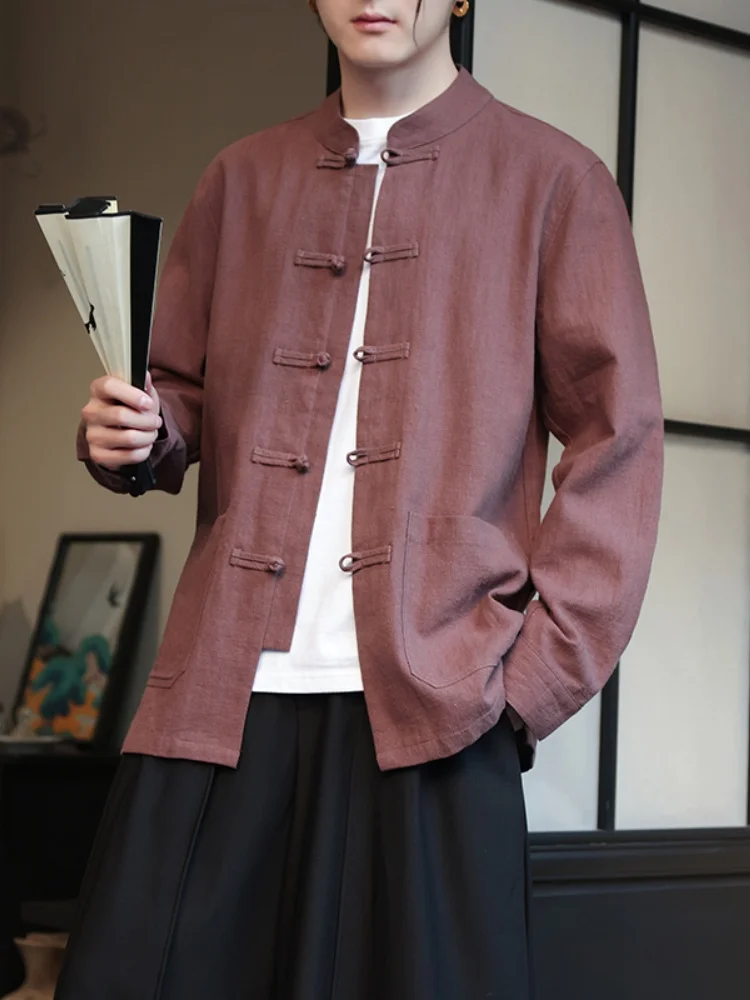 

Мужская льняная рубашка с длинным рукавом, тонкая верхняя одежда из хлопка и льна, весенняя модная городская рубашка на пуговицах, свободного кроя, однотонная