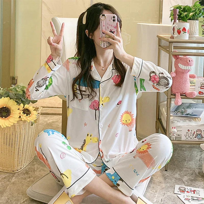 New Pyjamas For Women's Autumn And Winter Long Sleeve Cardigan Pants Large Women's Pajamas Cotton Nightwear Female Set 2 Pieces