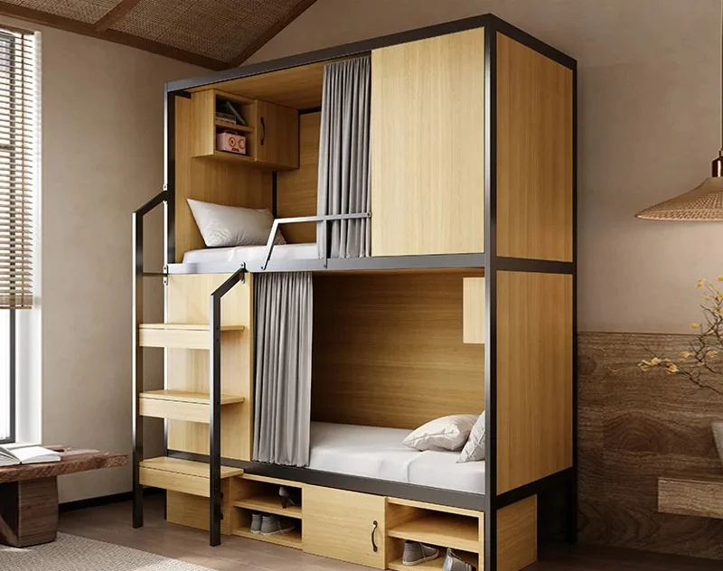 Space Capsule Bed Bunk Beds for Student Dormitory Hostel Staff Housing Apartment Double Deck Bed with Privacy Curtain Compact