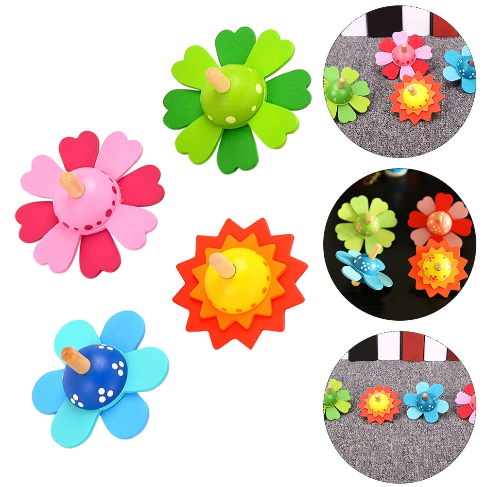 4 Pcs Flower Spinning Top Pressure Relief Gyro Toys Baby Wooden Children Kids Educational Stress Reliever