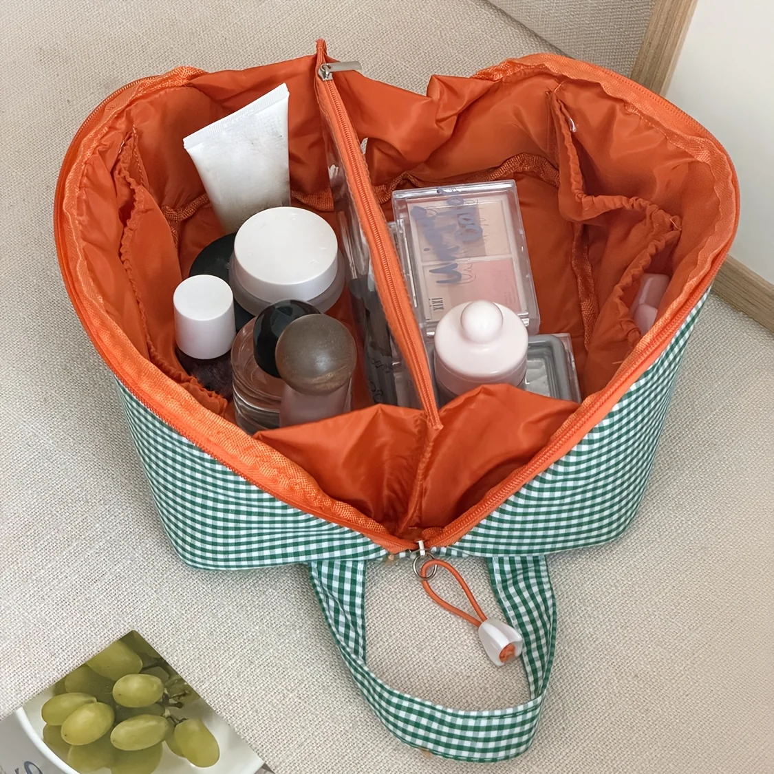 bolsa-de-cosmeticos-de-gran-apertura-[verde-a-cuadros-clasico]-bolsa-de-cosmeticos-en-forma-de-corazon-a-cuadros-verdes-espaciosa-y-con-multiples-compartimentos