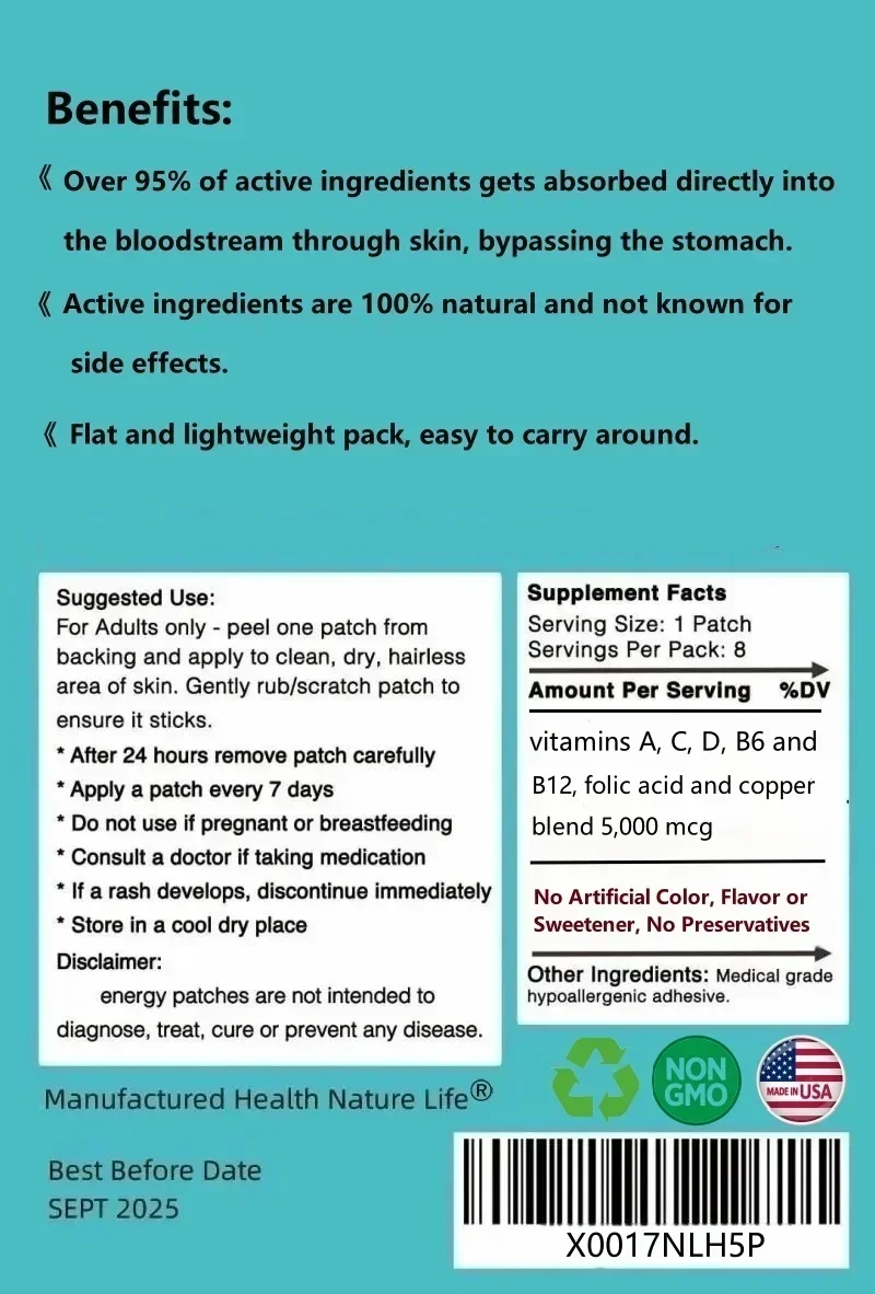 vitamins A, C, D, B6 and B12, folic acid and copper blend - 5000mcg Healthy Aging Formula - Transdermal Patches. 8 Weeks Supply