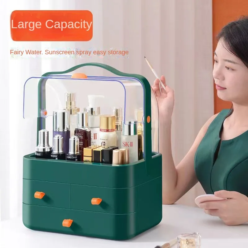 

Cosmetics Storage Box With Handle Dormitory Desktop Organizing Dust-proof Dressing Table Skincare Three-layer Storage Rack