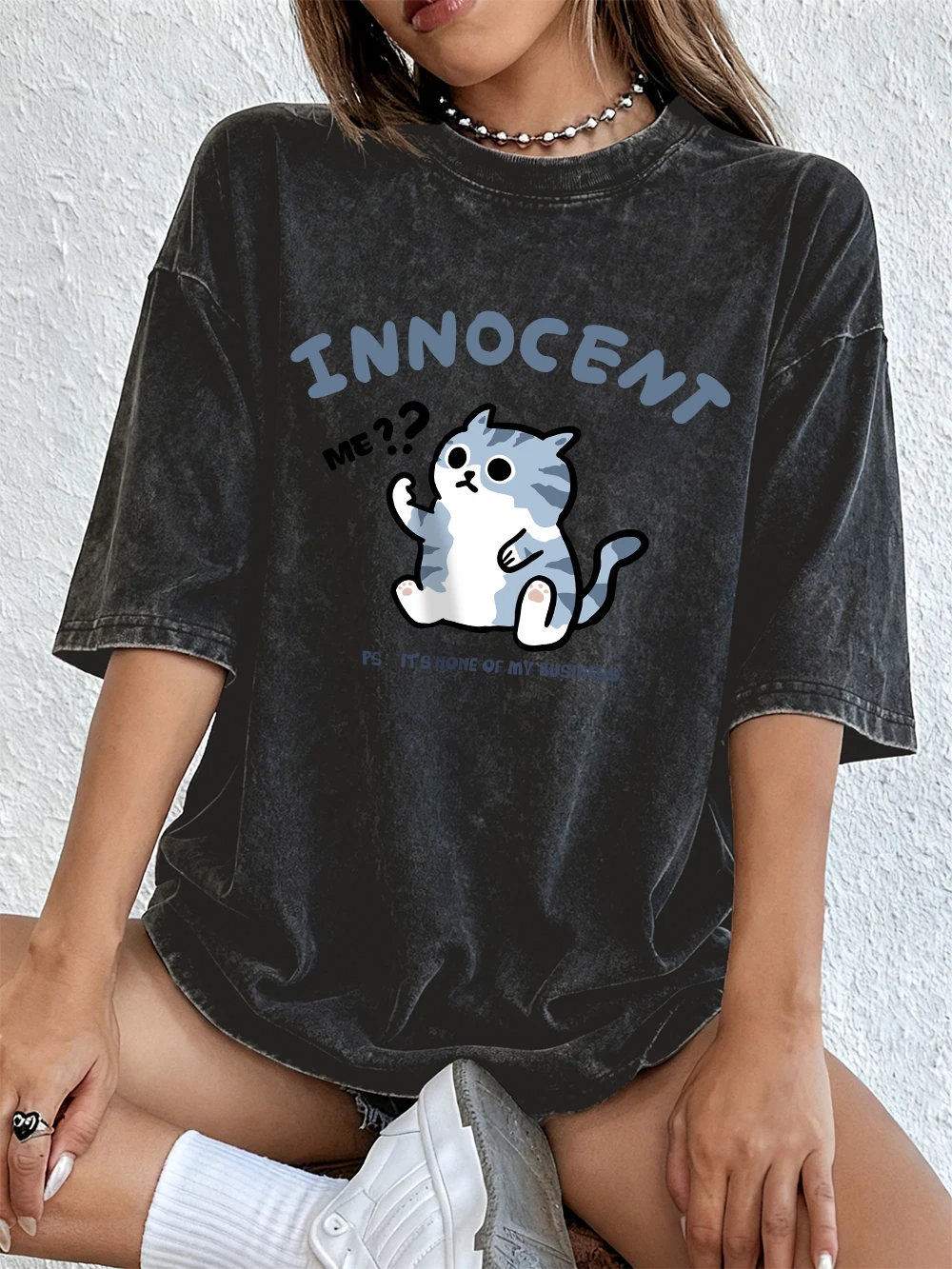 

It'S None Of My Business Футболки с принтом кота Женские хлопковые топы с короткими рукавами Повседневная футболка большого размера с круглым вырезом Летняя одежда