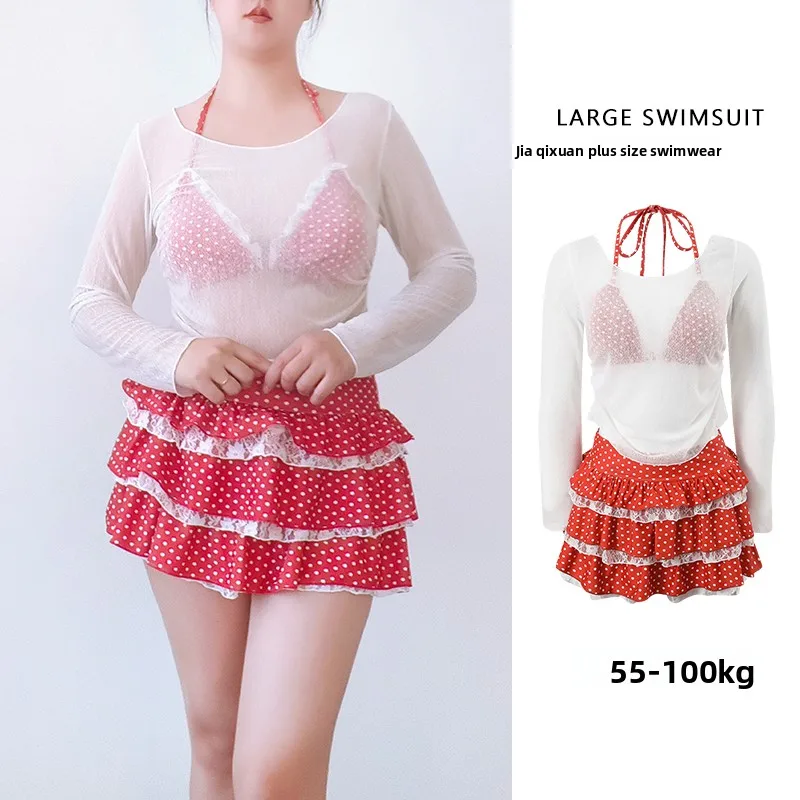 

Sweet Polka Dot plus Size Swimsuit Three Piece Set Women's Cake Skirt Style Sexy Vacation Onsen Thermal Spring Swimwear