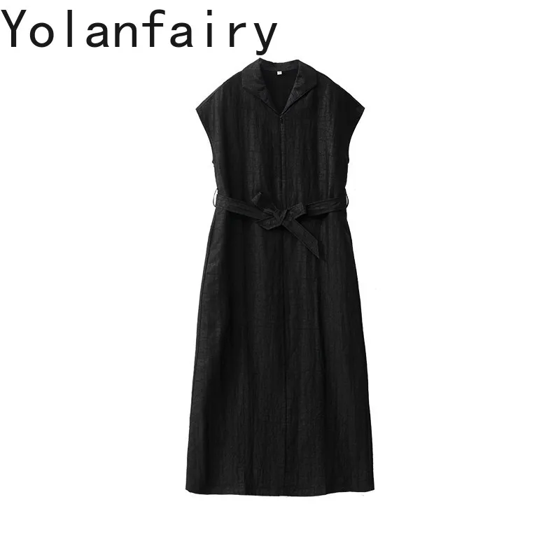YOLANFAIRY Luxury 100% Natural Mulberry Silk Dress Summer 2026 Woman Xiangyunsha Midi Black Dress Lapel Elegant Lace-up Dresses