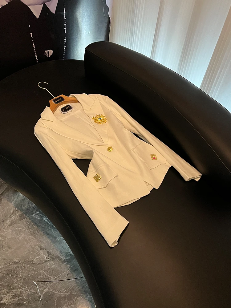 

Ele Commuter Sle Suit V-Ne Single Button Design Metal Decoration Long Sve Pure Color Outerwear for Women