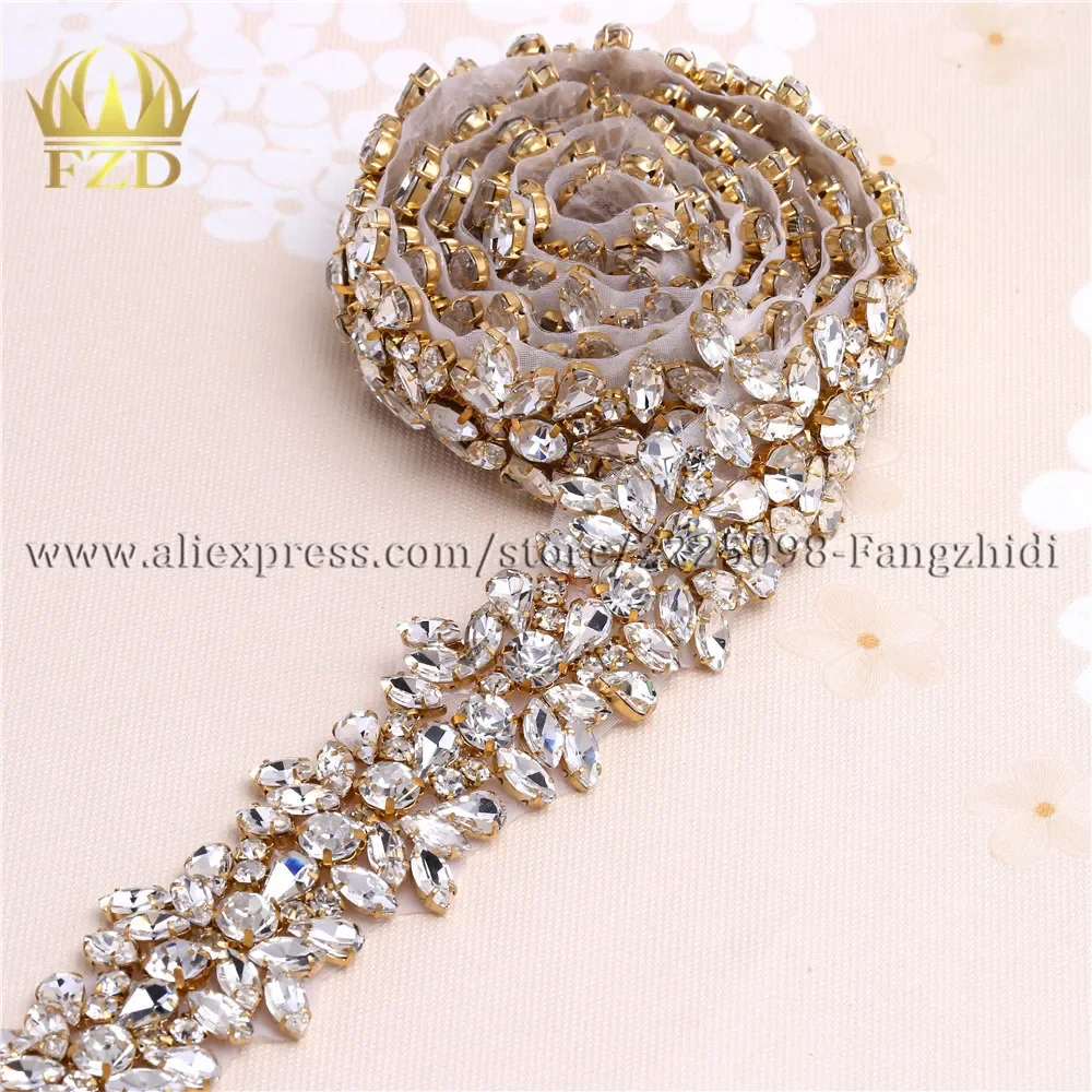 (1 Yard) Handmade Hot Fix Sewing on Clear Rhinestone Crystal Appliques for Wedding Gown Iron on Belt Headpieces Garters FA-1072