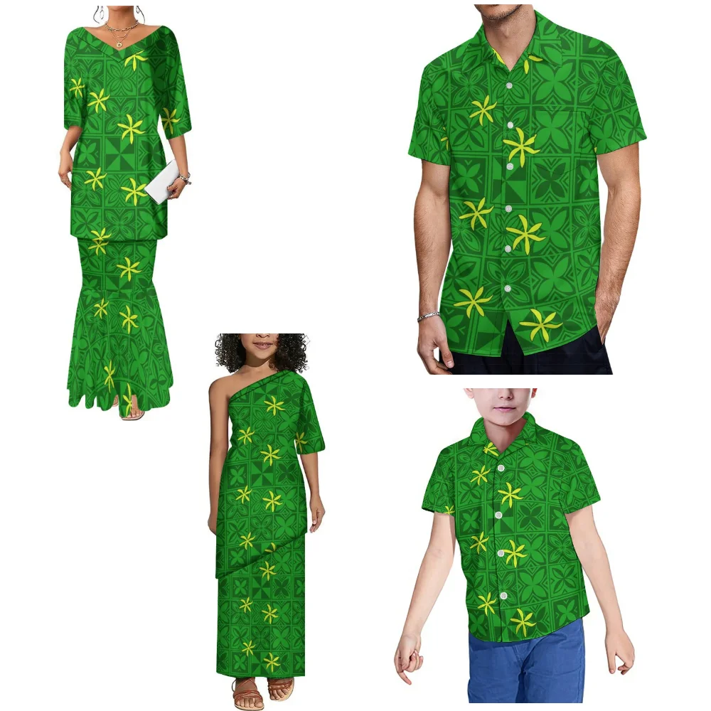 Samoa Island Club Familie Party Kleidung Erwachsene Kinder Sommer Kurzarm Custom Polynesian Muster Puletasi Kleid und Hemd