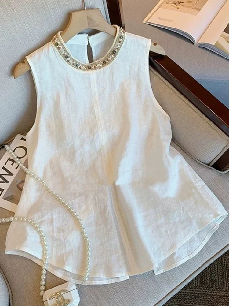 

Премиальный топ из льна с микро-плиссировкой, кружевом и бисером, свободного кроя, в корейском стиле, для повседневной носки...