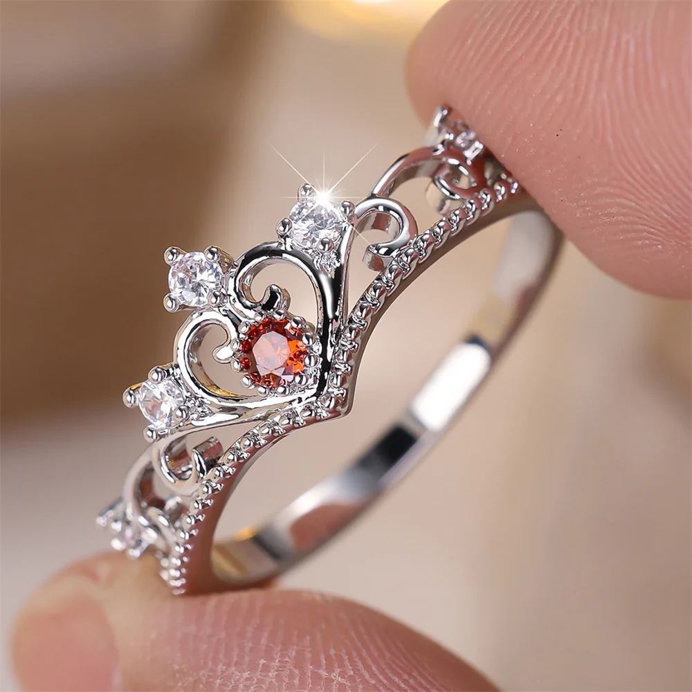 White Zircon Tiny Round Stone Red Crystal Queen Crown Rings For Women Trendy Silver Color Ring Wedding Jewelry Mother's Day Gift