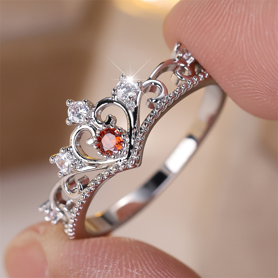  White Zircon Tiny Round Stone Red Crystal Queen Crown Rings For Women Trendy Silver Color Ring Wedding Jewelry Mother's Day Gift 