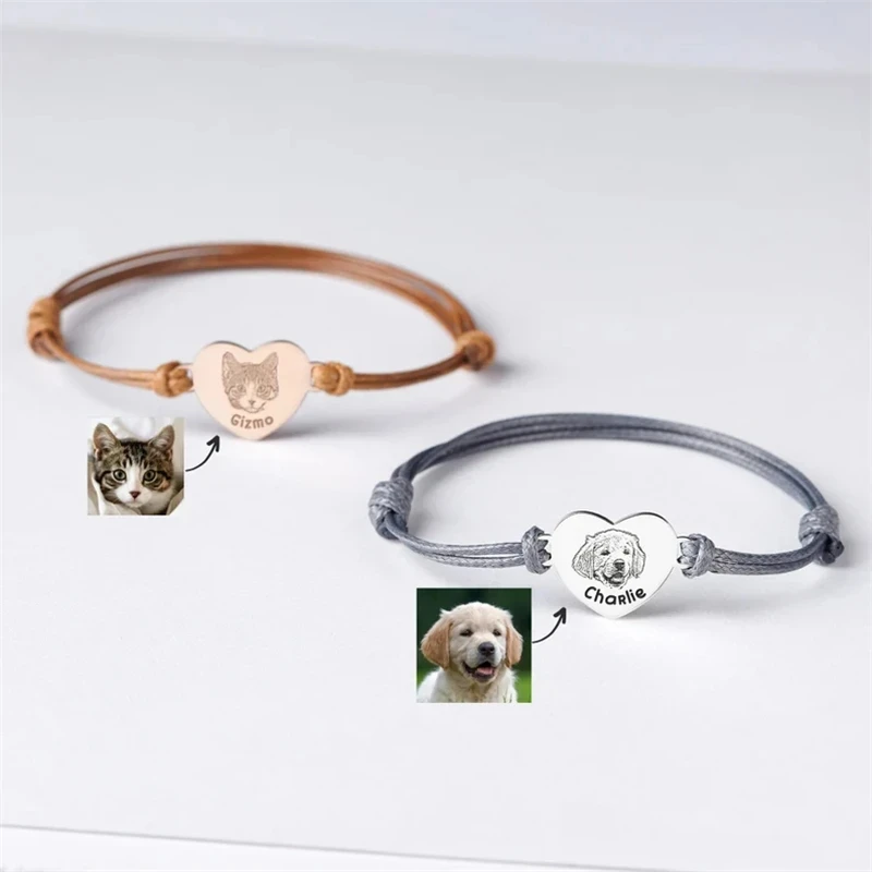 

WLP Creative Stainless Steel Custom Heart Bracelet for Pet Cat Dog Portrait Photo Personalized Adjustable Rope Bracelets Gift