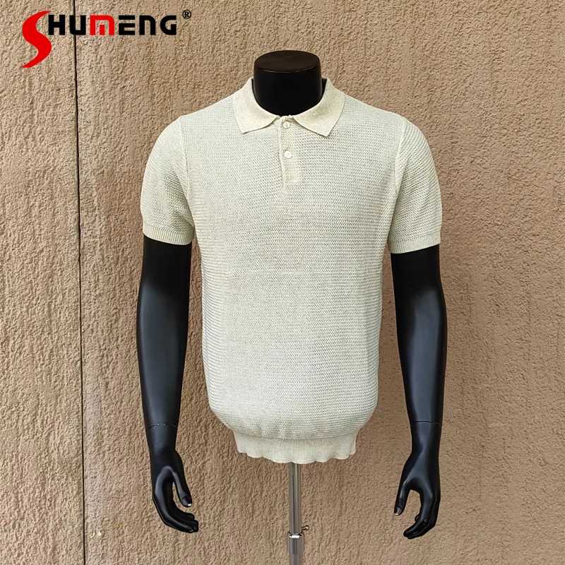 

Trend Breathable Lapel Knitted Short-sleeve Tops Men's 2026 Summer New Solid Color Chic Tees Button Decoration Pullover T-shirts