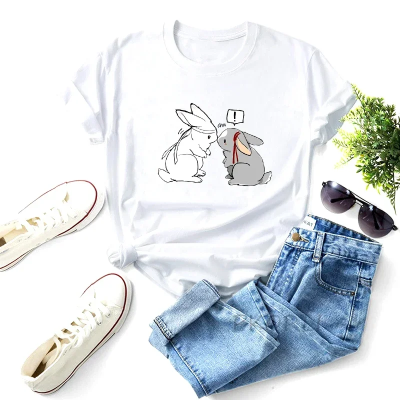 Mo Dao Zu Shi Print Women T-shirt Cute Cartoon The Untamed Kissing Bunnies T Shirt Female Anime Harajuku Summer Y2k Clothes Top