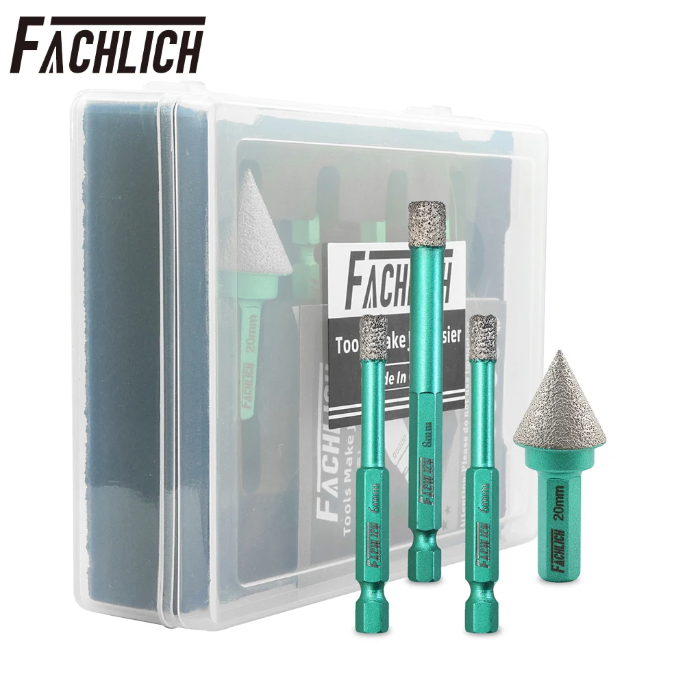 FACHLICH 4pcs/Box Diamond Drill Bits Set Hex Shank Dia6+6+8mm Drilling Crown Quick-Fit+20mm Chamfer Milling Bit Tile Marble