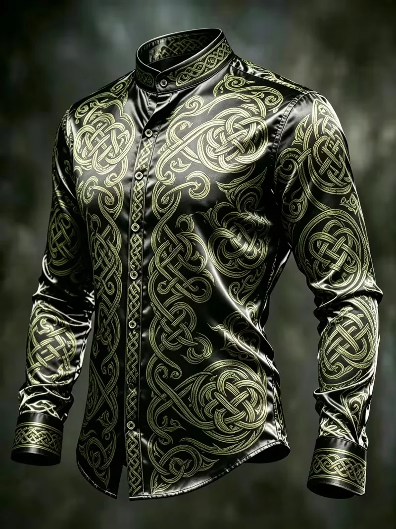 New style wine red large rose flower scattered print long sleeved shirt with smooth drape and satin collar men's top