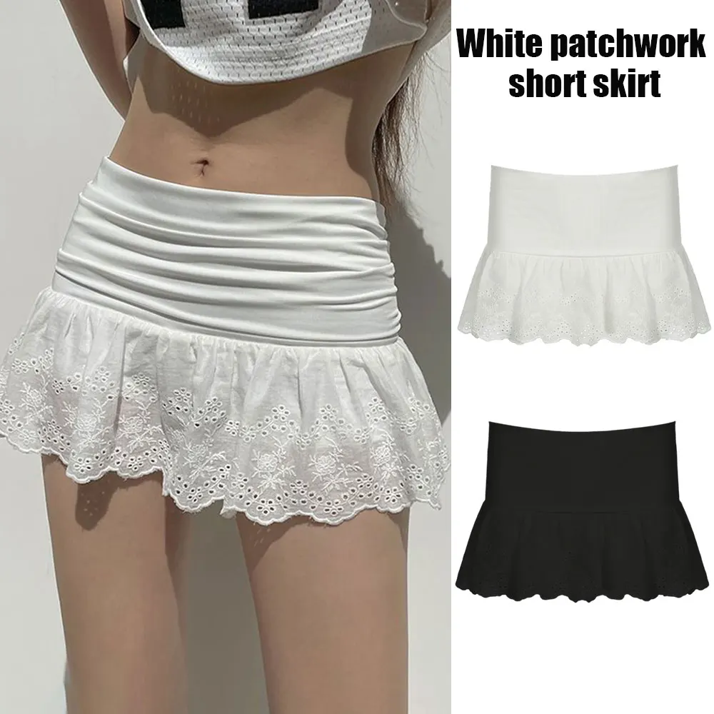 

Новая модель 2026 года: Женская короткая юбка с плиссированной талией, тонким кружевом, однотонная, белая/черная, с высокой талией