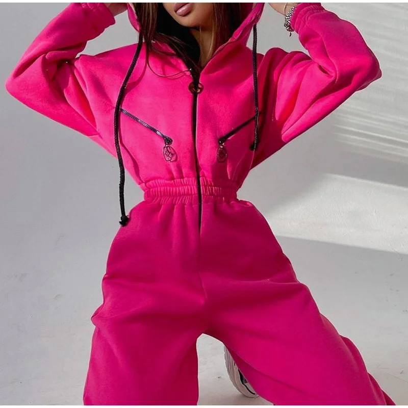 Herbstliche Einteiler-Sets: Sweatshirt-Kapuzen-Jumpsuit für Damen, lässige Sportsets, Winter-Reißverschluss-Set mit gerader Hose. – Detail 10