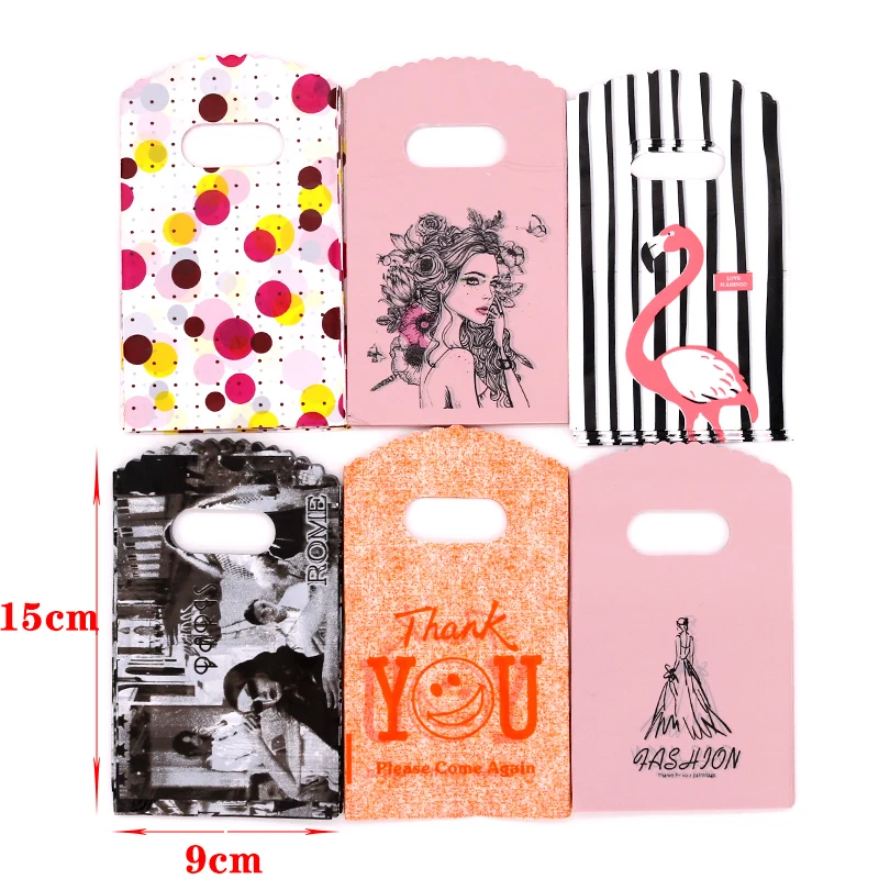 Mini 100pcs 9*15cm Plastic Small Pouches Jewelry Gift Packaging Carrier Bags with Handles Shopping Pouches for Business Order