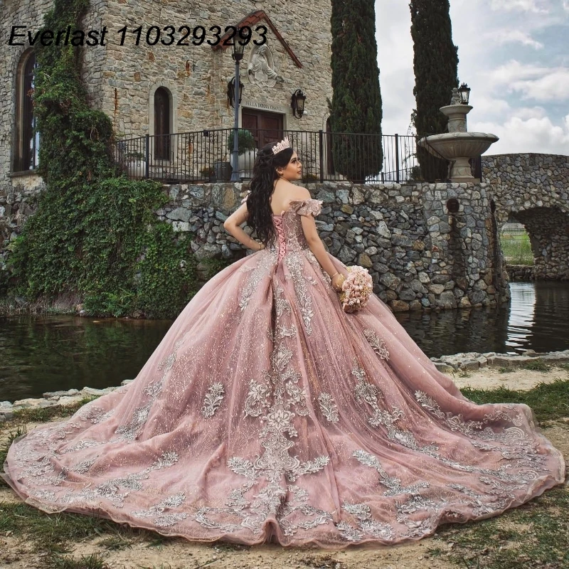 EVLAST abito Quinceanera rosa lucido abito da ballo Applique in pizzo argento con perline corsetto con spalle scoperte dolce 16 Vestido De 15 Anos TQD348