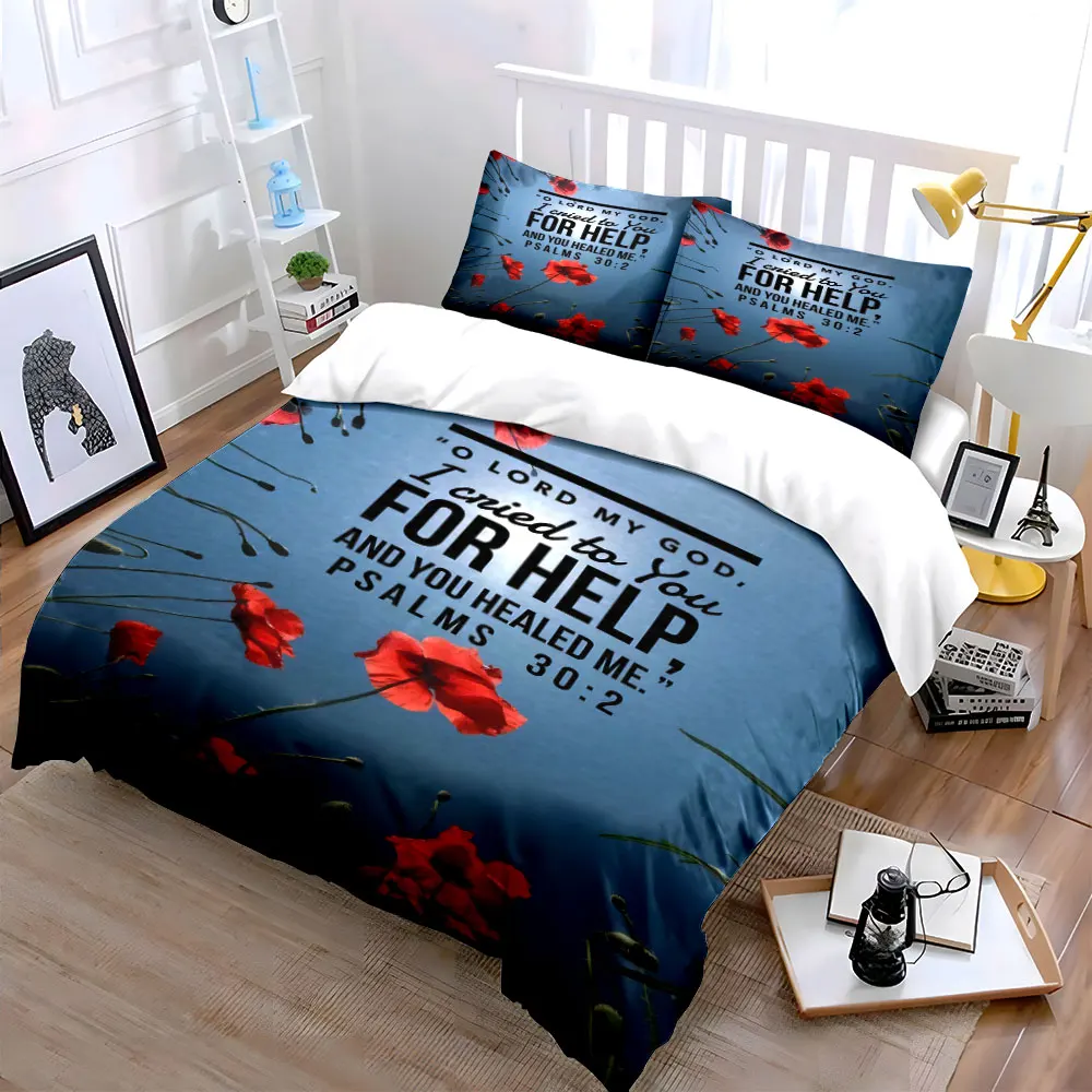 Red Poppy Sky Psalm Bible Verse Bedding Set, Healing Floral Scripture Print Duvet Cover 2 Pillowcases Single Double King Queen