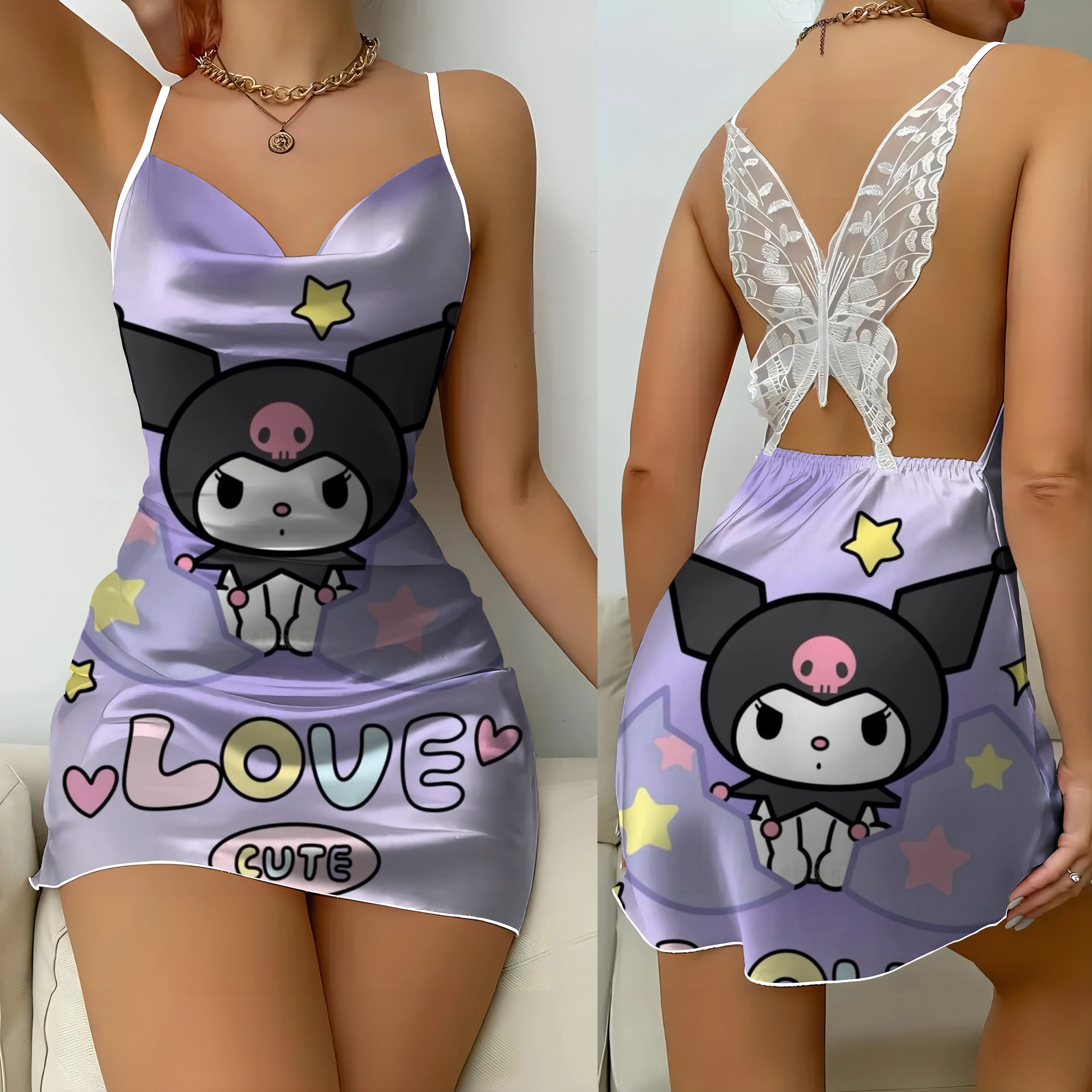 

Backless Dress Sexy Dresses Sanrio Bow Knot Pajama Skirt Satin Surface Kuromi Womens Fashion Summer 2024 Party Women's Mini Lace