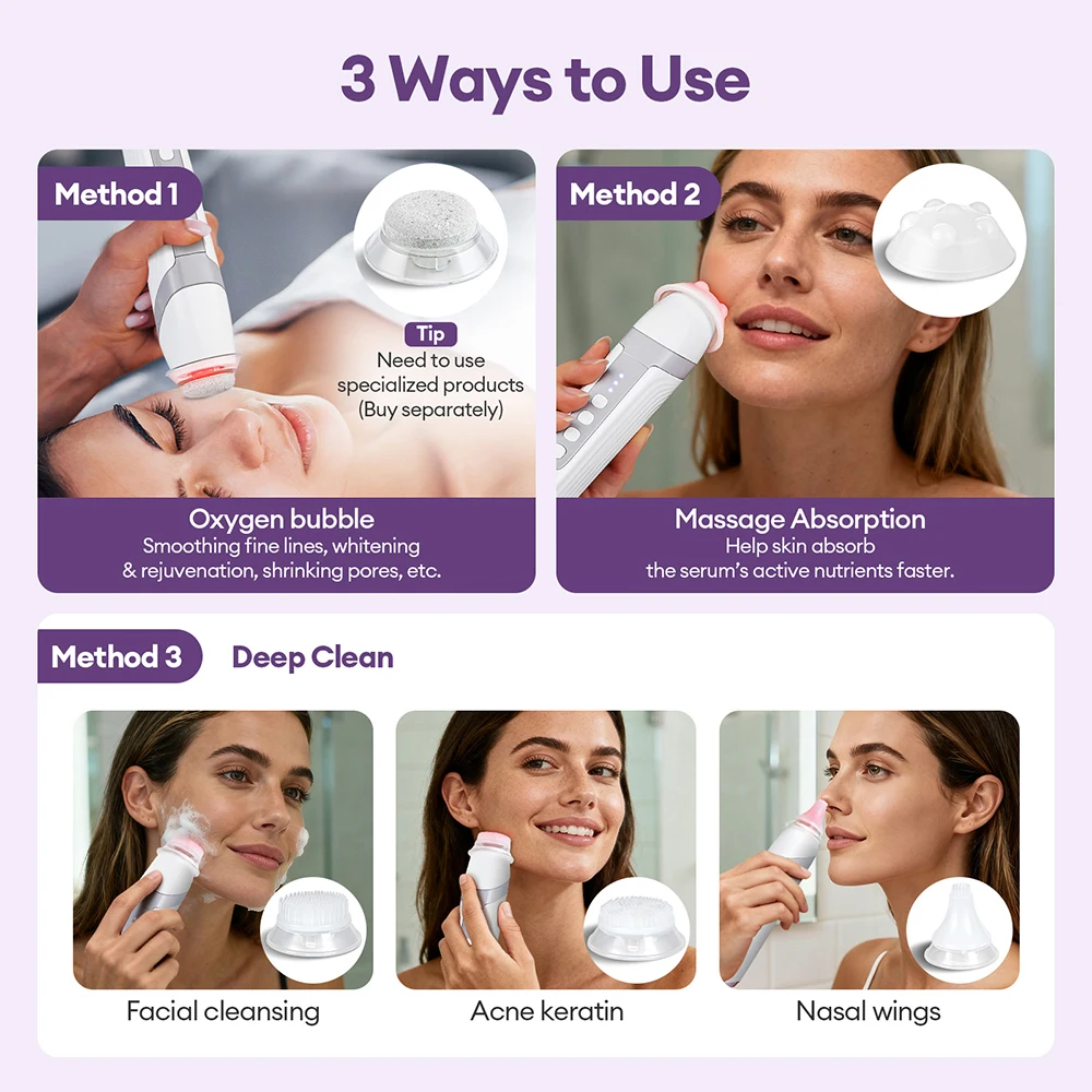 ชาร์จ CO2 ออกซิเจน Bubble เครื่อง 7 สี LED Photon Facial Exfoliate Skin Care ปากกาการสั่นสะเทือนทําความสะอาดลึกอุปกรณ์ความงาม