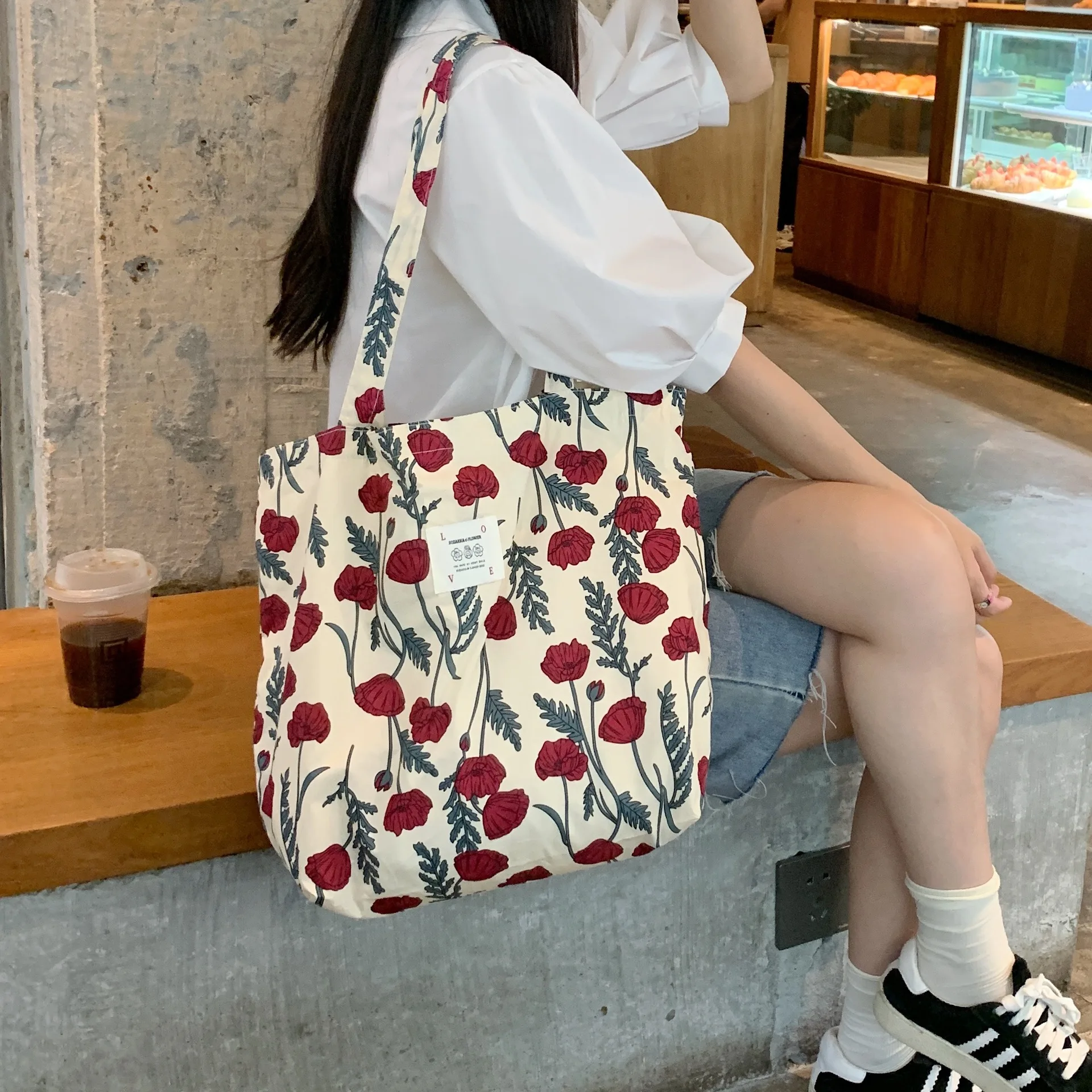 Floral Canvas Tote Bag for Women Large Capacity Printed Shoulder Bag Shopping Bag Female Fashion Casual Open Handbag