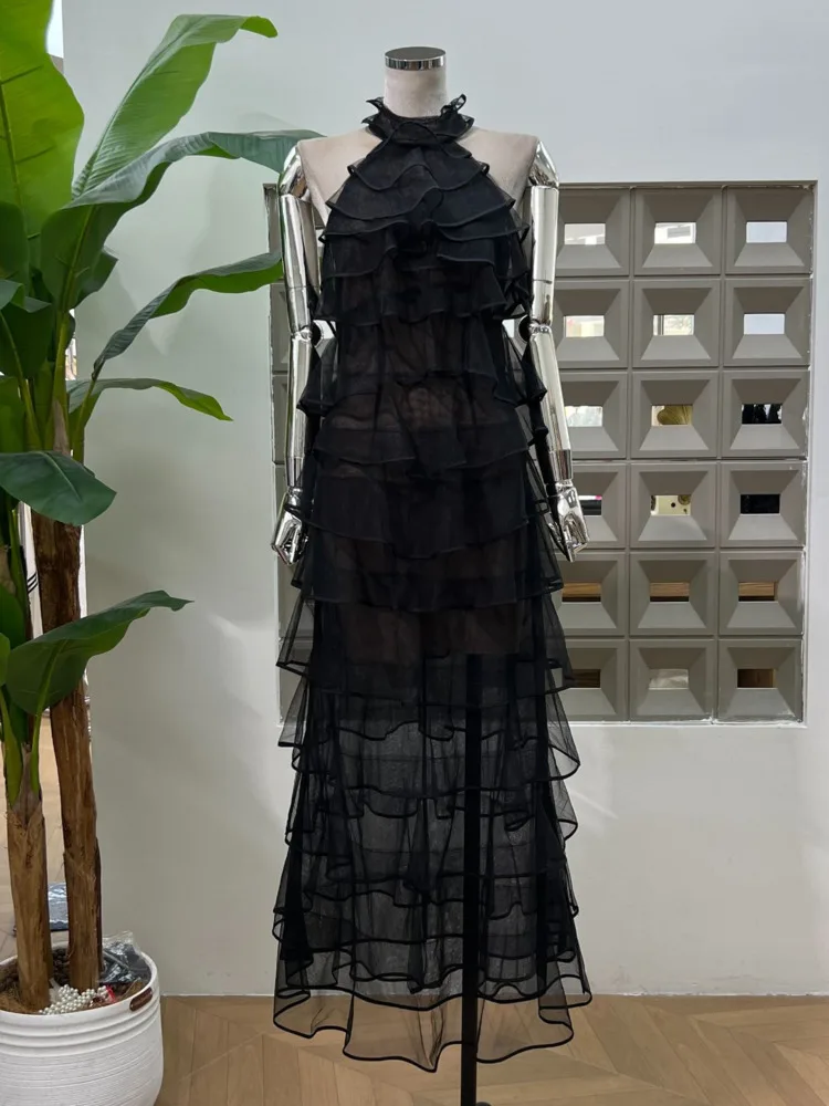 DFDG Vestido feminino elegante halter sem costas em camadas, vestido fluido de praia para convidados de casamento, resort de férias com babados, primavera verão 2025