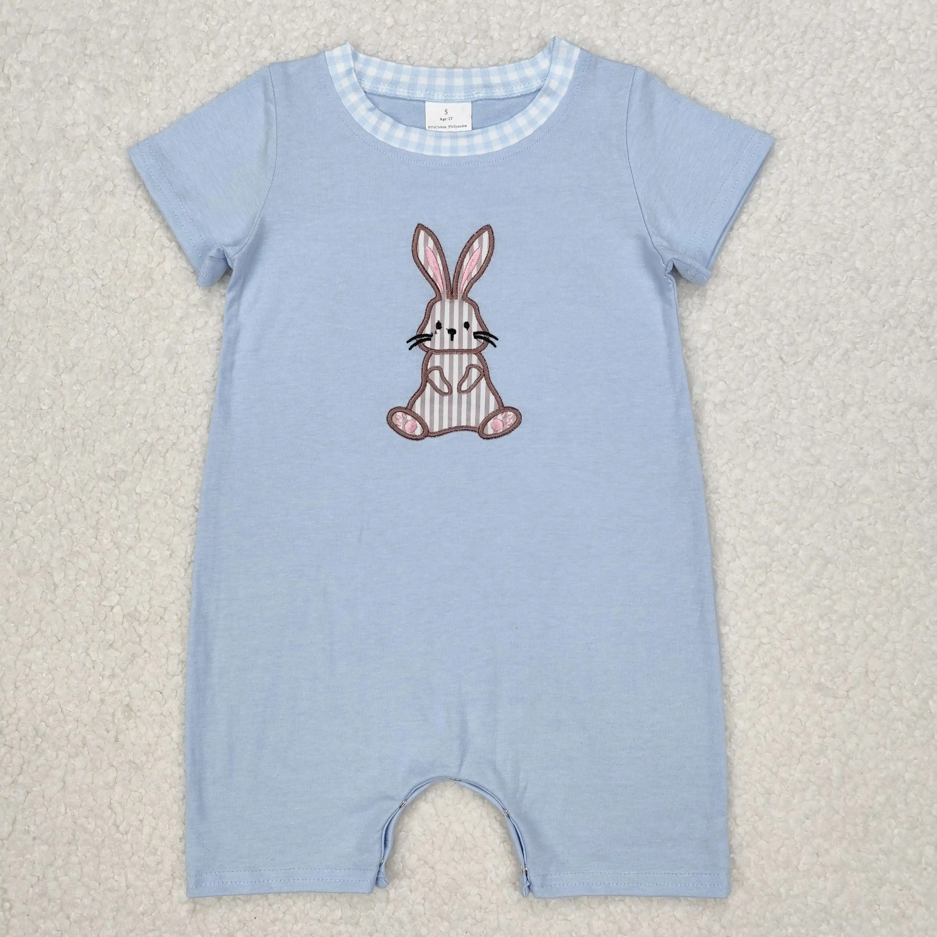 z1211-19 SR2404 Wholesale baby rompers girls Embroidered Easter bunny blue short sleeve Romper Summer Boutique kids clothes boys