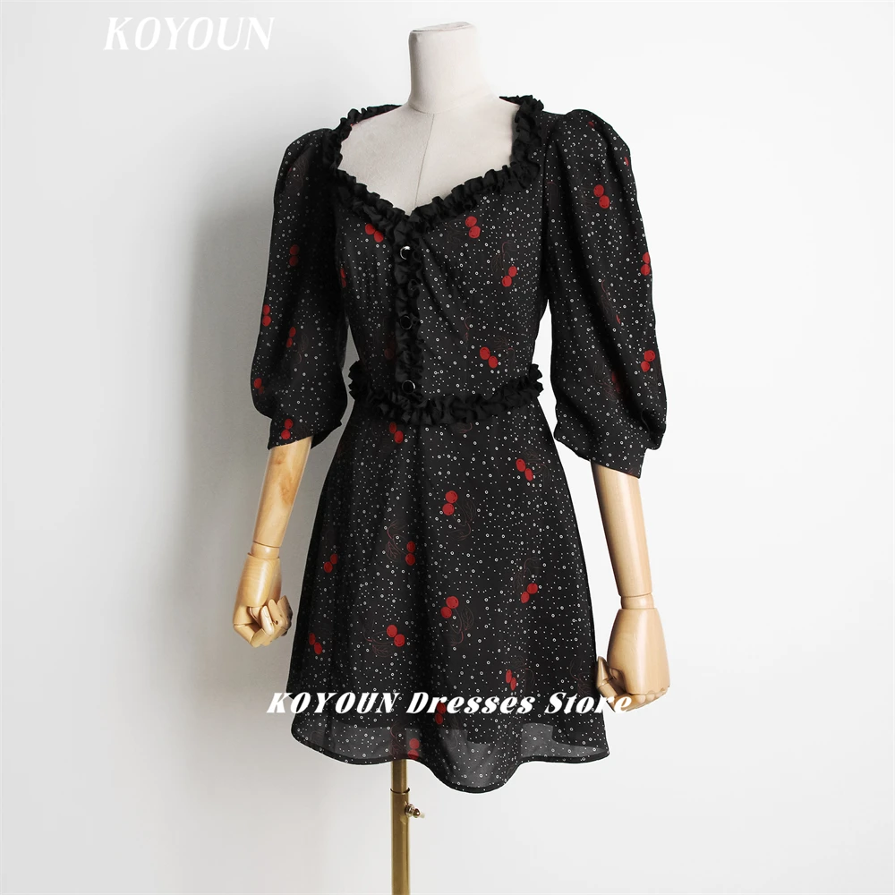 KOYOUN Autumn Catwalk Women's Cocktail Party Dress Puff Sleeves Cherry Polka Dot Sweet and Spicy Black Dress Fairy Skirt