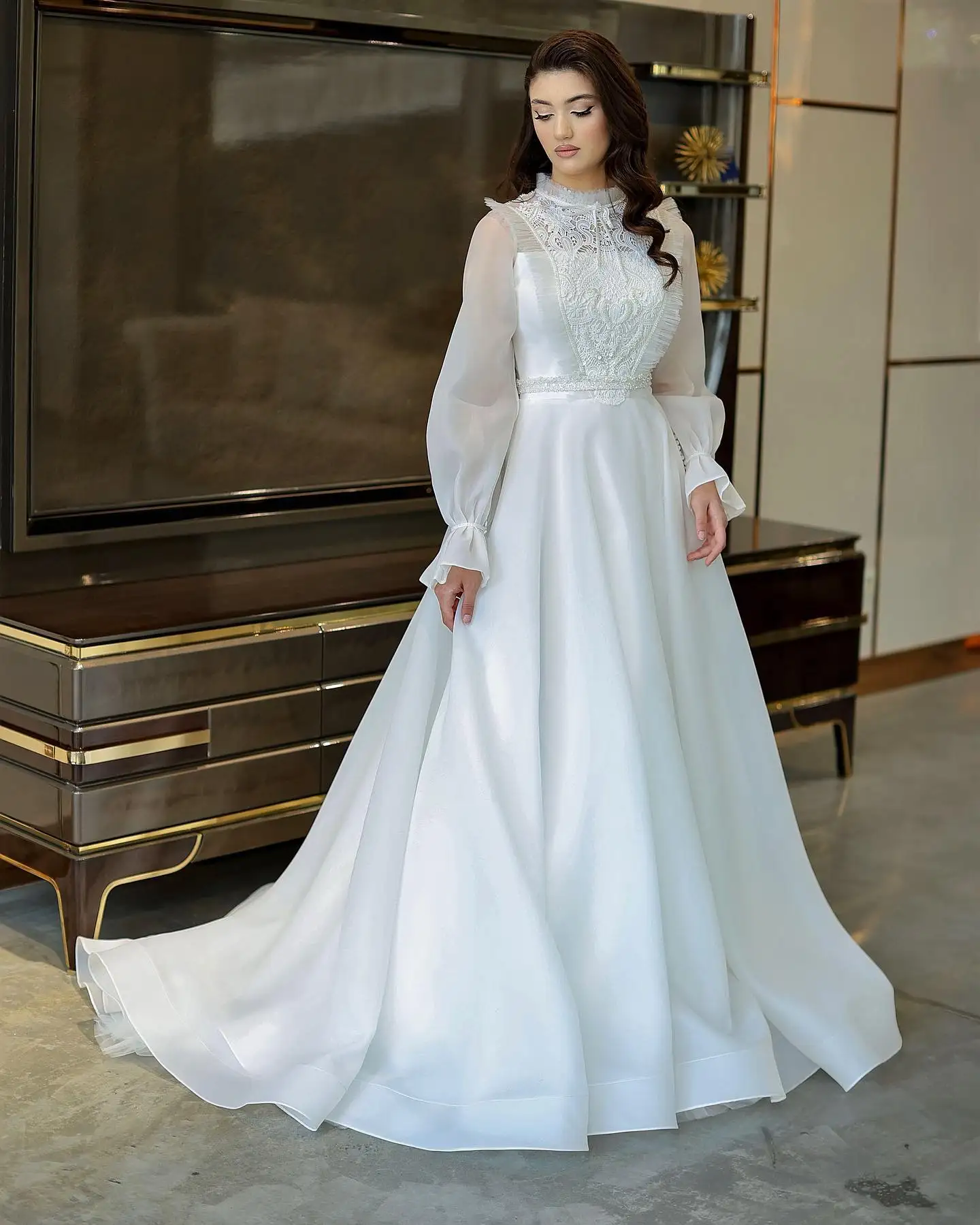 

Vintage High Neck Full Sleeves Lace Applique Organza A Line Wedding Dresses Custom Made Frmal Brial Grown 2024 Rode De Morrie