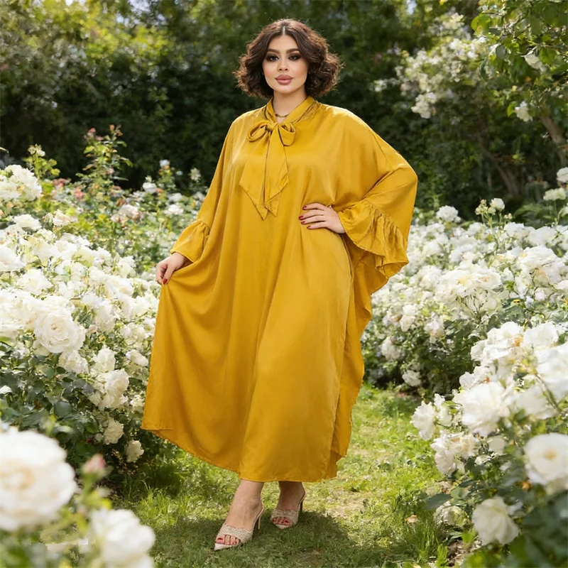 

Мусульманское платье с рюшами и рукавами «летучая мышь» для женщин Ближнего Востока, абайя, дубайский кафтан, исламская одежда, свободный кафтан, женская джалабия, платье для Рамадана