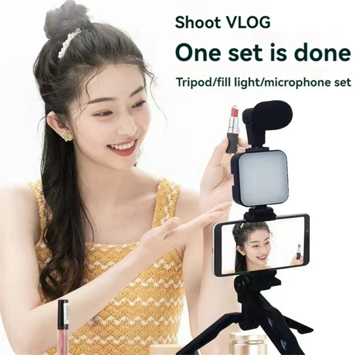 Mobile Phone Tripod Kit with Microphone LED Fill Vlog Video Making Kit for Live Recording Selfie Study A