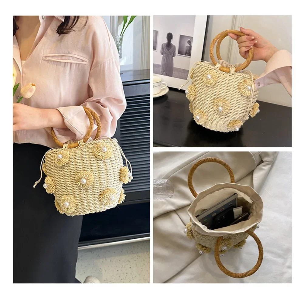 Women Straw Tote Handbag with Pearls Handmade Woven Bag Drawstring Wrist Purse Summer Holiday Beach Bag