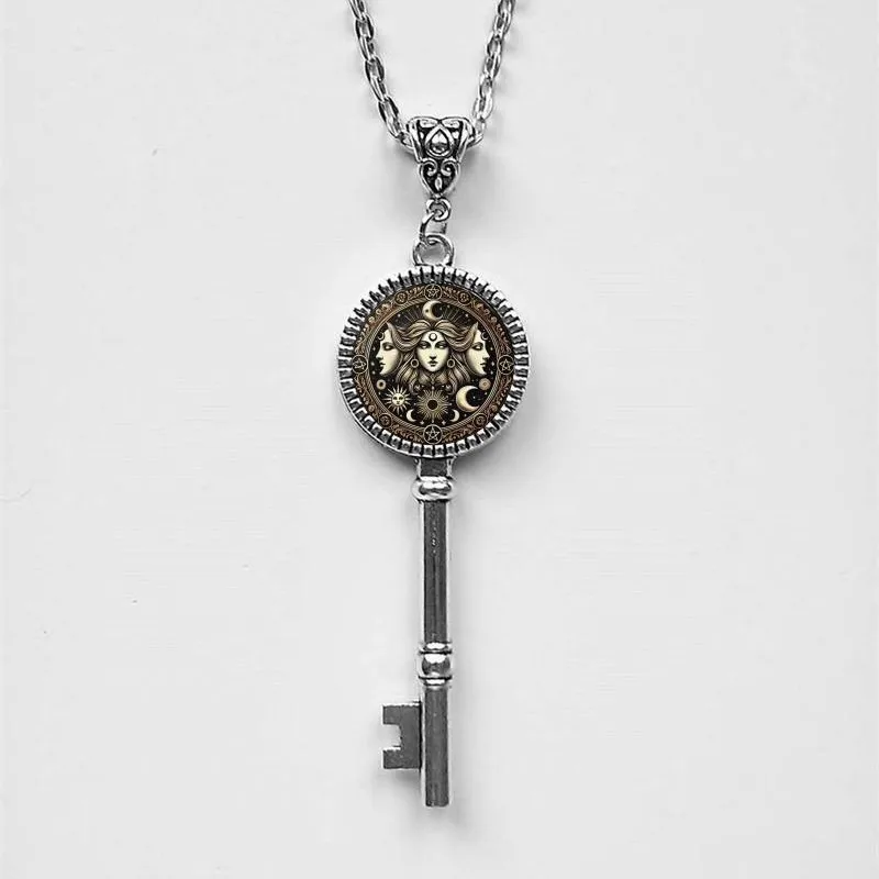 Luna key Necklace, Gothic jewelry, Pagan, Pentagram, Vintage, Glass Cameo, Mystery, Vintage, Witch, Key Choker For Women Girls