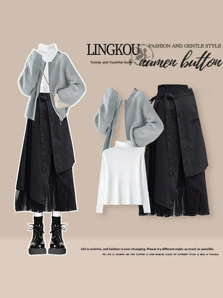 Women's Autumn Fashion Knitted Set High Waist  Skirt Gentle Aging Three-piece Suite Soft Cozy Style Long Sleeve Button up
