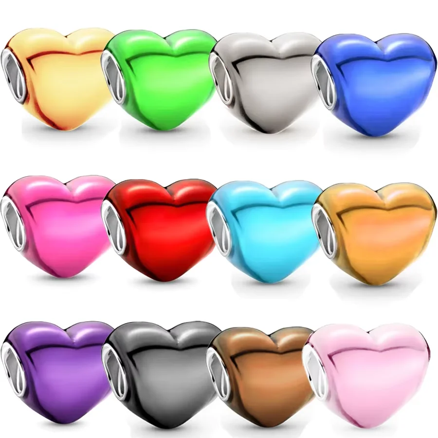 New Arrivals Metallic Pink Purple Blue & Yellow Heart Charm Beads Fit Original Pandora 925 Sterling Silver Bracelet Jewelry Gift