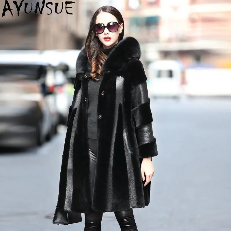 

AYUNSUE Natural Fur Coat Women Winter Genuine Wool Fur Jackets Fox Fur Collar Long Fur Coats Women Warm Jacket Casaco De Pele