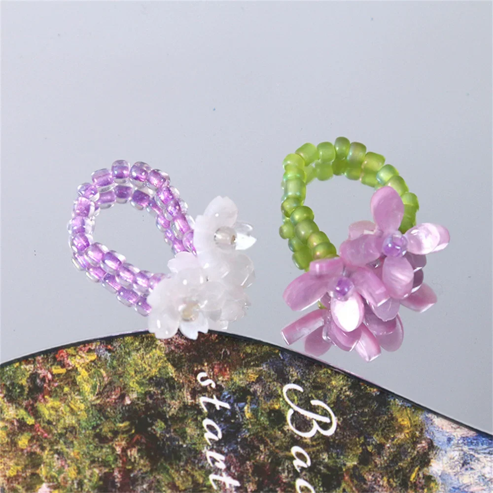 Cute Fresh Simple Sweet Acrylic Wind Chime Flower Elastic Ring Hand Woven Glass Bead Stretchable Women's Summer Y2k Ring Jewelry