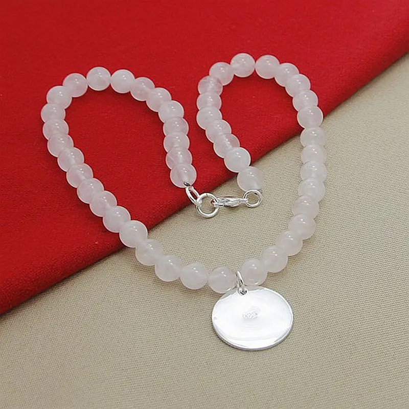 

925 Sterling Silver Round plate Pendant Pink Natural Crystal Bead Necklace, Suitable For Men And Women To Wear Daily