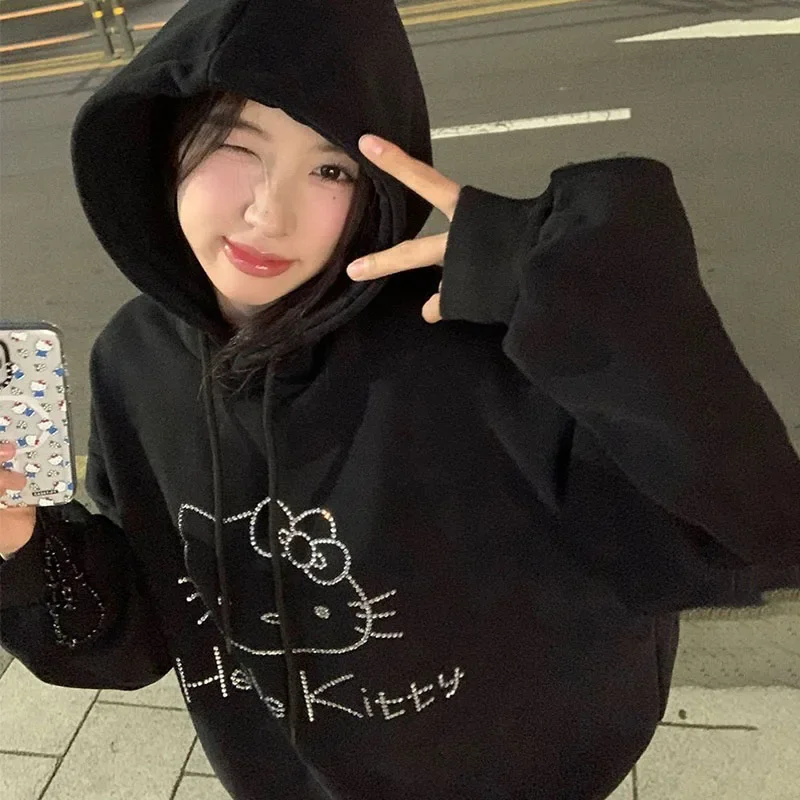 Sanrioed Hello Kittys Rhinestone Hooded Sweatshirt Women Autumn Winter Y2K Harajuku Couple Lazy Tops Loose Pullover Trend Hoodie