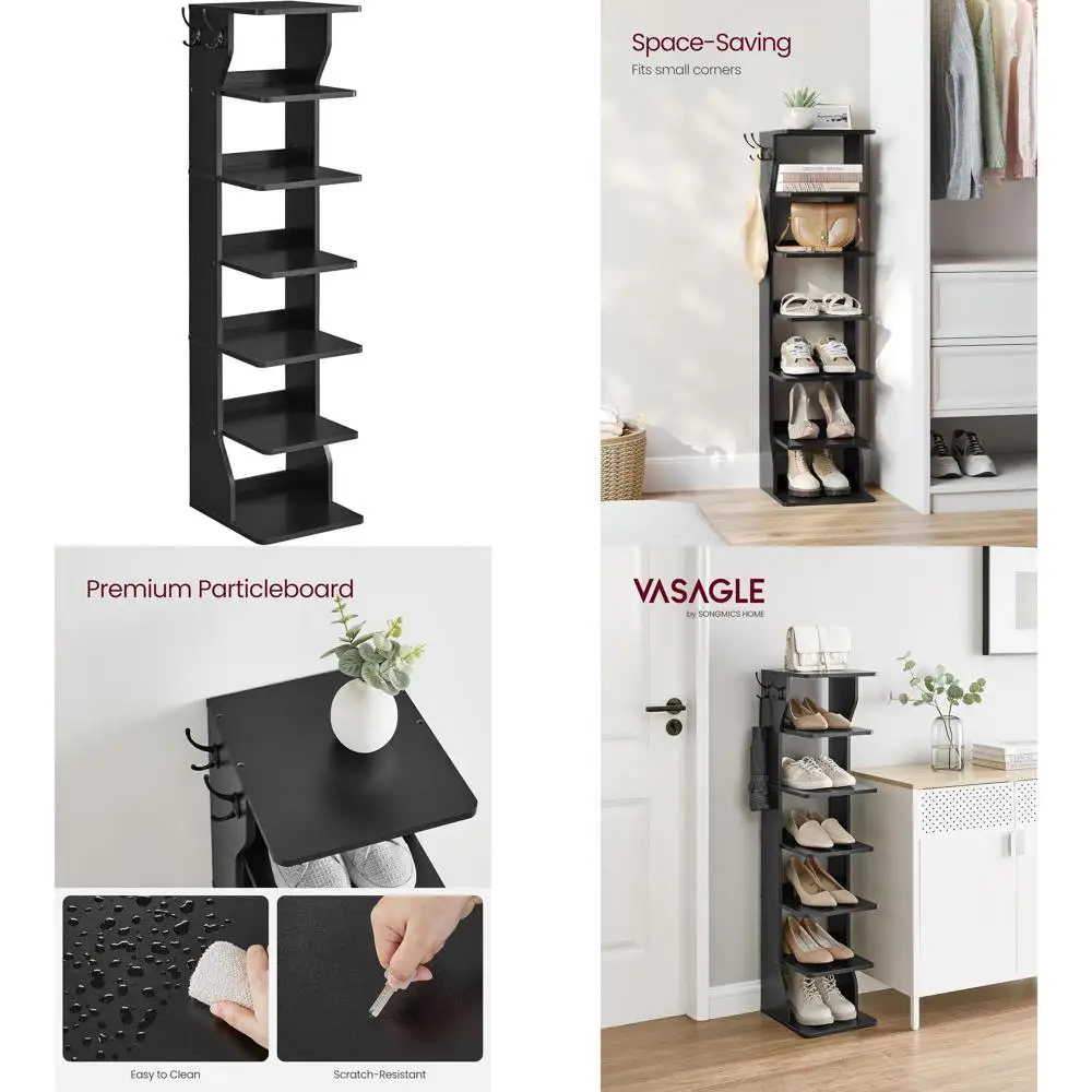 

7-Tier Slim Shoe Storage Organizer with Hooks, Space-Saving Tower Shelf for Entryway and Bedroom, Black